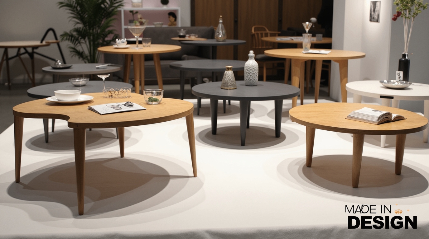 Tables basses designs dans un salon moderne, focus sur une table unique, logo Made in Design.