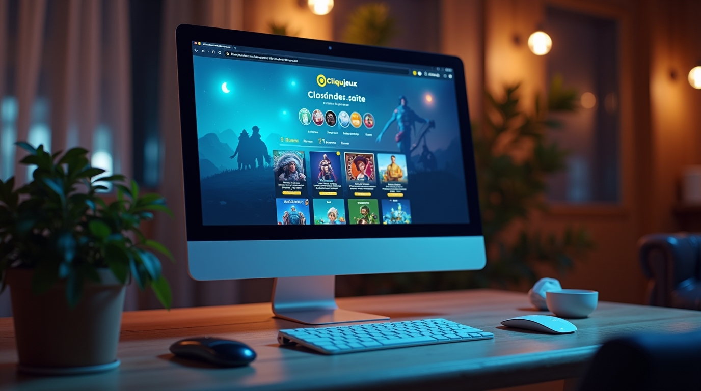 Écran d'ordinateur montrant un jeu sur le site Cliquojeux, avec un guide pour débutants en arrière-plan
