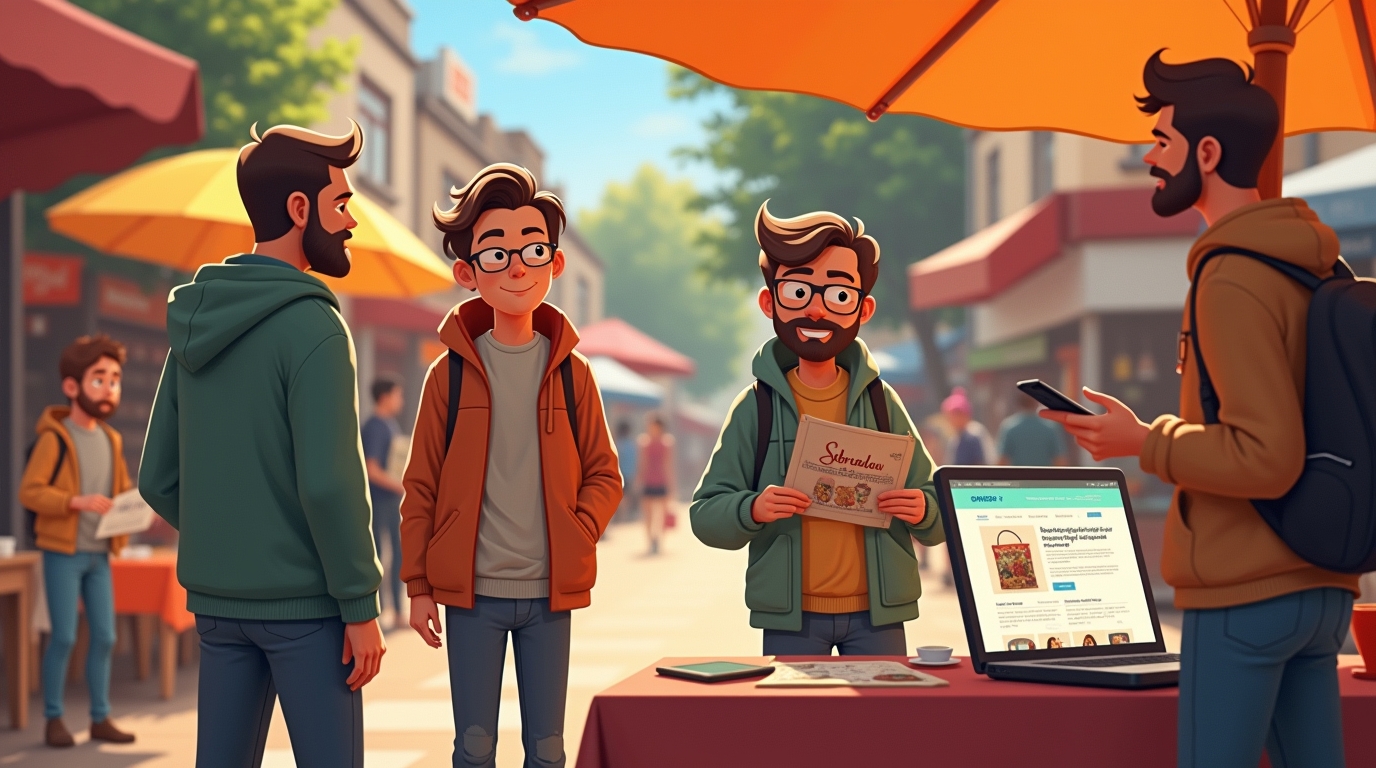 Marché de brocante animé avec un guide Sabradou en main, site de vente en ligne en arrière-plan