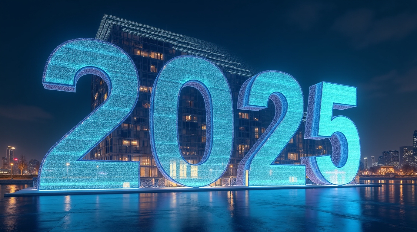 Façade d'entreprise futuriste et graphiques de croissance pour 2025