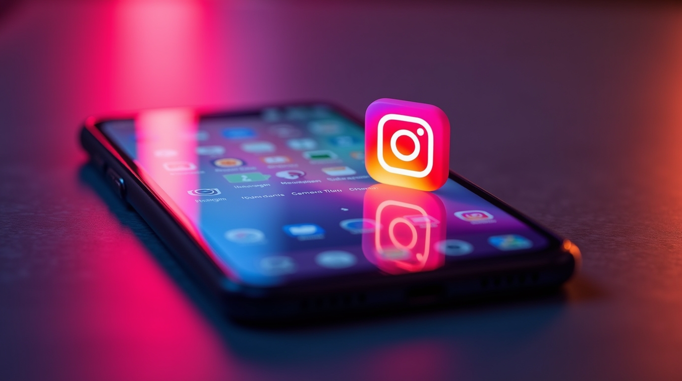 Smartphone avec application Pixwox, icône Instagram en arrière-plan